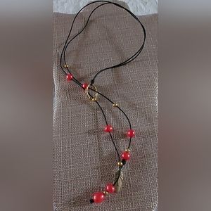 New Handmade Red & Gold Pearls & Black Leather Boho Necklace